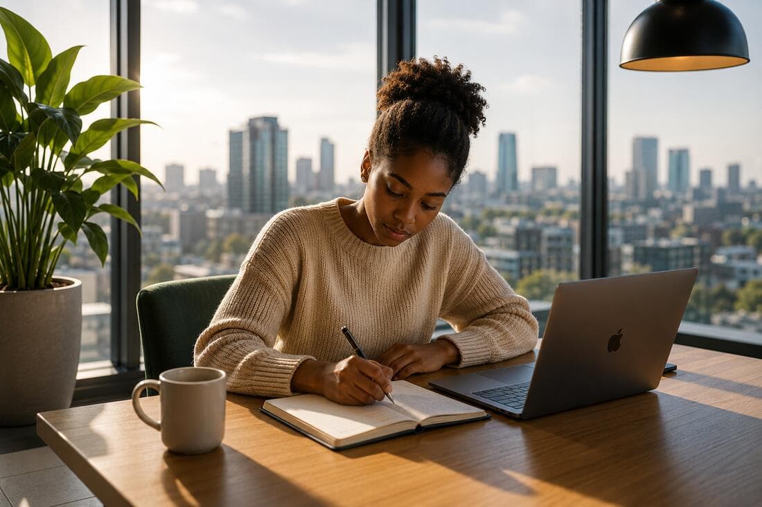 A person studying at a desk by a bright window